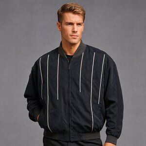 Genelli International Male Black 100% Silk Striped Bomber Jacket L Rare Vintage